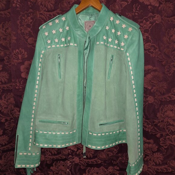 Double D Ranch Turquoise White Leather Fringe Jacket Woman's Size XL - Picture 1 of 10